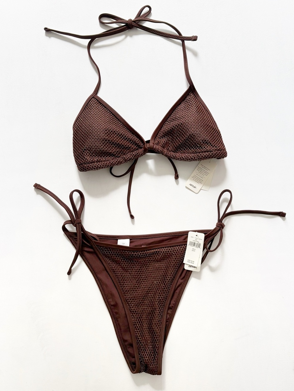 NWT Aerie Brown Mesh Hallter Tie-Side String Bikini Set Size Small